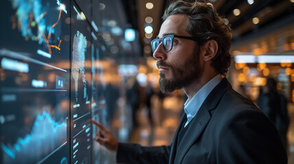 man in a suit with glasses touching and interacting with futuristic digital data screens in a bright, modern retail or office environment