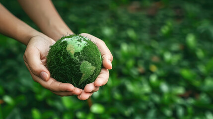 Hand holding of green earth ball, forest background, Earth Day, Environment society and governance sustainable environmental concept - obrazy, fototapety, plakaty