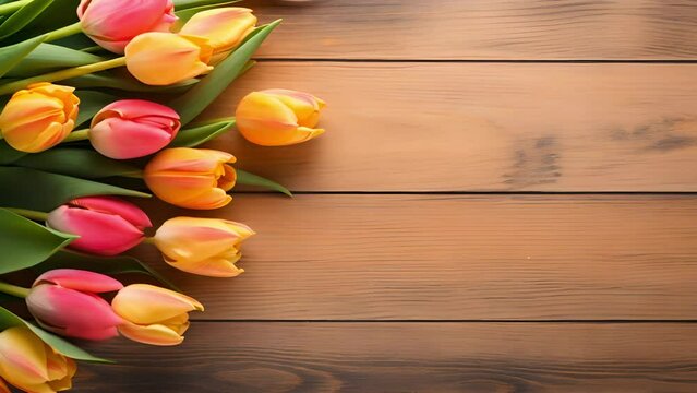 Tulips on a a wooden table and copy space	