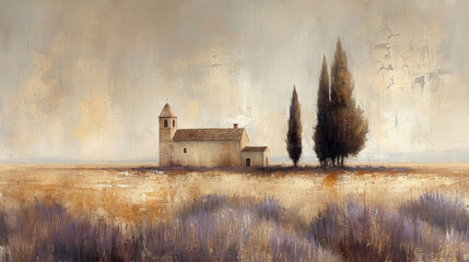 Ethereal landscape painting depicting a solitary church amidst a sea of lavender fields under a soft, expansive sky.