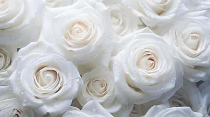 A bouquet of white roses for the bride for a wedding on a white bed