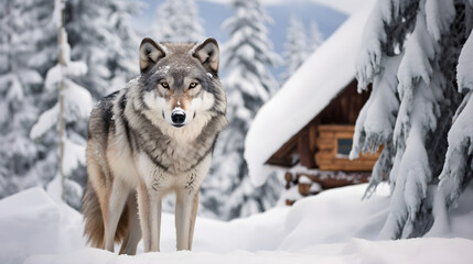 Obraz premium Beautiful gray wolf in the winter mountains and an abandoned house