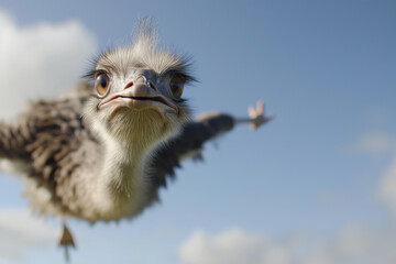 Frightened thick ostrich running with high speed along the road. Ostrich running across There is a...