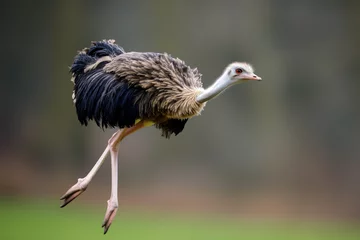 Rolgordijnen Frightened thick ostrich running with high speed along the road. Ostrich running across There is a natural bush and tree background and white sandy ground. Thin and long ostrich emu paws © Nataliia_Trushchenko