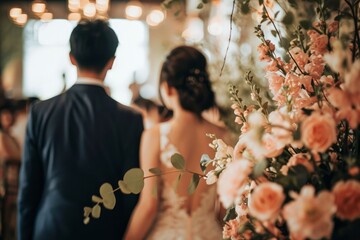 Fototapeta na wymiar Back view of groom and bride at wedding aisle. Wedding with Peach Fuzz color theme decoration. Romantic wedding