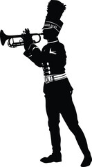 Fototapeta na wymiar Silhouette marching band wind instrument player full body black color only