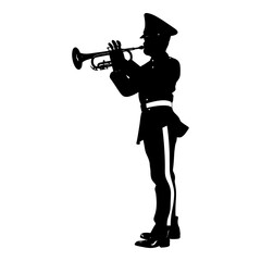 Silhouette marching band wind instrument player full body black color only