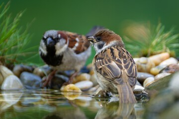 House and tree sparrows at the bird water hole. Czechia.