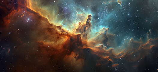Vast cosmic nebula, stellar clouds and star field in deep space. Space exploration.