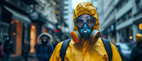 Man wearing bio hazard suits in on city streets due to pollution and contamination, working with team,generative ai