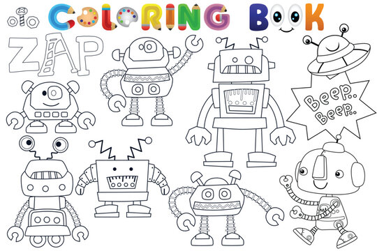 Vector coloring book with funny robots