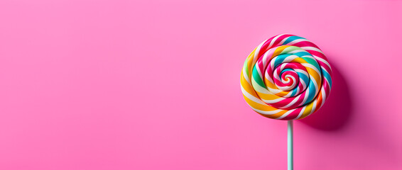 a sweet and delicious lollipop isolated on pink background with copy space