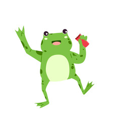 Cute Frog Drinking beer Cartoon happy frog vector cartoon or mascot drinking with bottle. Vector Illustration.