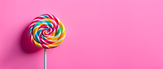 a sweet and delicious lollipop isolated on pink background with copy space - obrazy, fototapety, plakaty