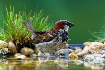 House sparrow, male in the water of the bird watering hole. Czechia.