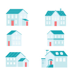 Various simple houses, trees and mountains. Flat design trendy illustration. Big colored vector set.  