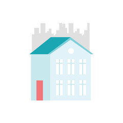Flat illustration of simple house with cityscape background. Urban architecture.
