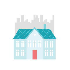 Flat illustration of simple house with cityscape background. 