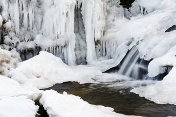  Icefall at the weir with water overflow. Juhyne. Eastern Moravia. Czech Republic.