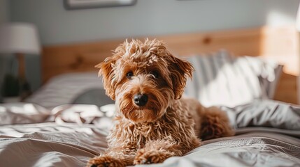 A pretty curly haired dog on the bed at home