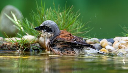 Red-backed shrike (Lanius collurio) bathes in water. It splashes water. Czechia.