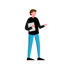 young good looking man doing presentation pose with confident and using tablet. vector illustration.