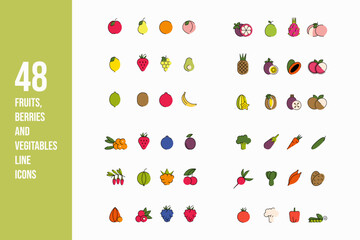 Editable stroke thin line food icons for web and app. Fruits, berries and vegetables icon set. Flat simple colorful food vector illustrations. 