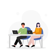 Men and women sitting at desk and standing in modern office, working at computers and talking with colleagues.  flat vector illustrations.