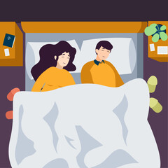 Young couple, husband and wife sleeping on bed in comfort bedroom. Relax, family flat vector illustration top view background.  man and woman lying on pillows under blanket.