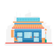 Naklejka premium Grocery store concept with background skyline, mini supermarket . Vector illustration in flat style