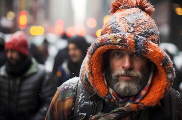 A man with a frosty beard and a colorful snow-covered hat stands out in a bustling, wintry city scene.