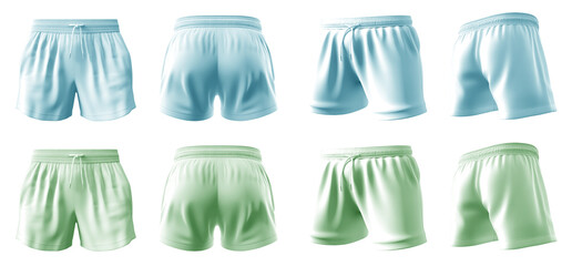  2 Set of pastel green turquoise blue, unisex running sports shorts boxer bottom, front, back and side view on transparent background cutout, PNG file. Mockup template for artwork graphic design
