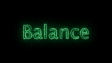Neon sign with the word Balance glowing in green on a dark background.