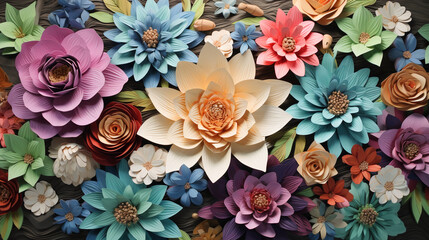 Celestial Petals: Colorful 3D Bloom, celestial blend of multicolored roses blooming in 3D, set against a wooden backdrop, Created using generative AI