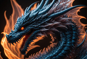 Blue dragon head with orange eyes with flames on a black background - 712163346