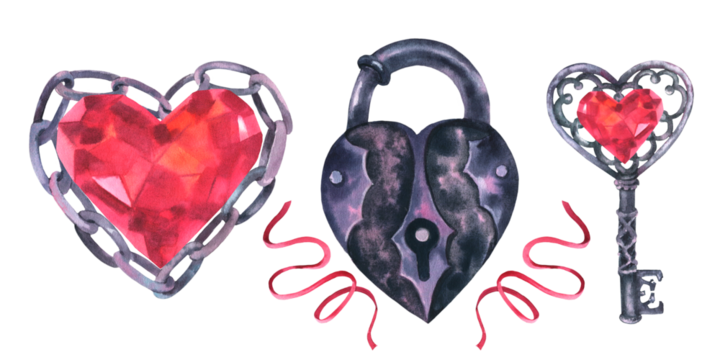 Watercolor Heart shape Lock, chain and Key for valentine's day design. Vintage hand drawn padlock on white isolated background for wedding invitations