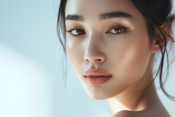 Naklejka premium Beauty asian woman portrait. Beautiful spa model girl with perfect fresh clean skin. Youth and skin care concept. Beige background. Nude makeup.