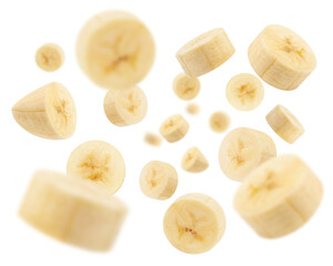 Flying banana slices from different angles isolated on a transparent background.