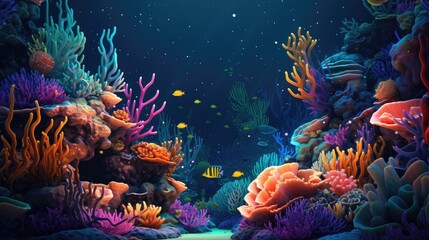 Illustration of a colorful coral reef with fish and corals