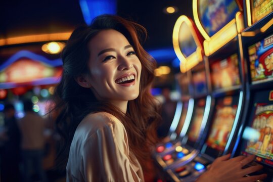 Excited Asian woman playing slot machine in casino.