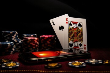 Online casino concept with smartphone and gambling elements.