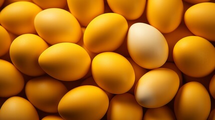 Yellow chicken eggs background, blue color, close up
