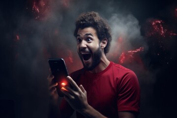 Excited man wins bet on mobile sports app.