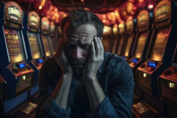 Depressed man in front of slot machines.