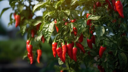 ripe red hot pepper growing on a bush in a greenhouse. Organic agriculture concept. Generative AI