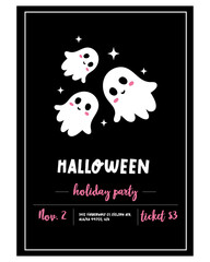 Halloween party invitation card. On a black background white ghosts and stars with pink accents. Minimalistic invitation for a friend's party or children's party related to ghosts