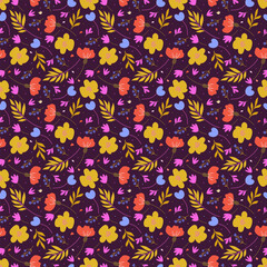 Floral seamless pattern with yellow and pink flowers on dark purple background with rustic small objects. Botanical pattern for fabric or wrapping paper print.