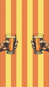 Two champagne glasses, Animation. cheers vintage retro style.