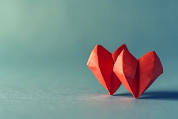 Origami paper craft art, red heart on a blue plain colored background, natural light, documentary and editorial style, cinematic documentary photography, Front view. Love valentine's day concept.