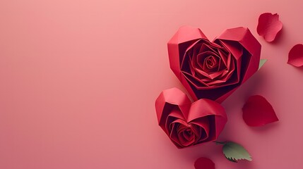 Origami paper craft art, red heart and rose with background, natural light, documentary and editorial style, cinematic documentary photography, Front view. Love valentine's day concept.